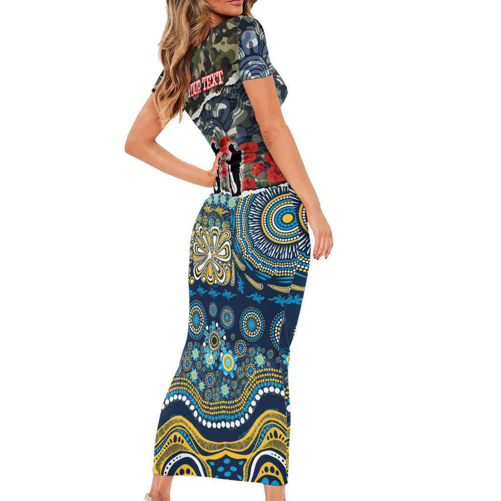 Personalized Gold Coast Titans ANZAC Family Matching Short Sleeve Bodycon Dress and Hawaiian Shirt Indigenous Camouflage Poppy Memorial Soldier Spartan