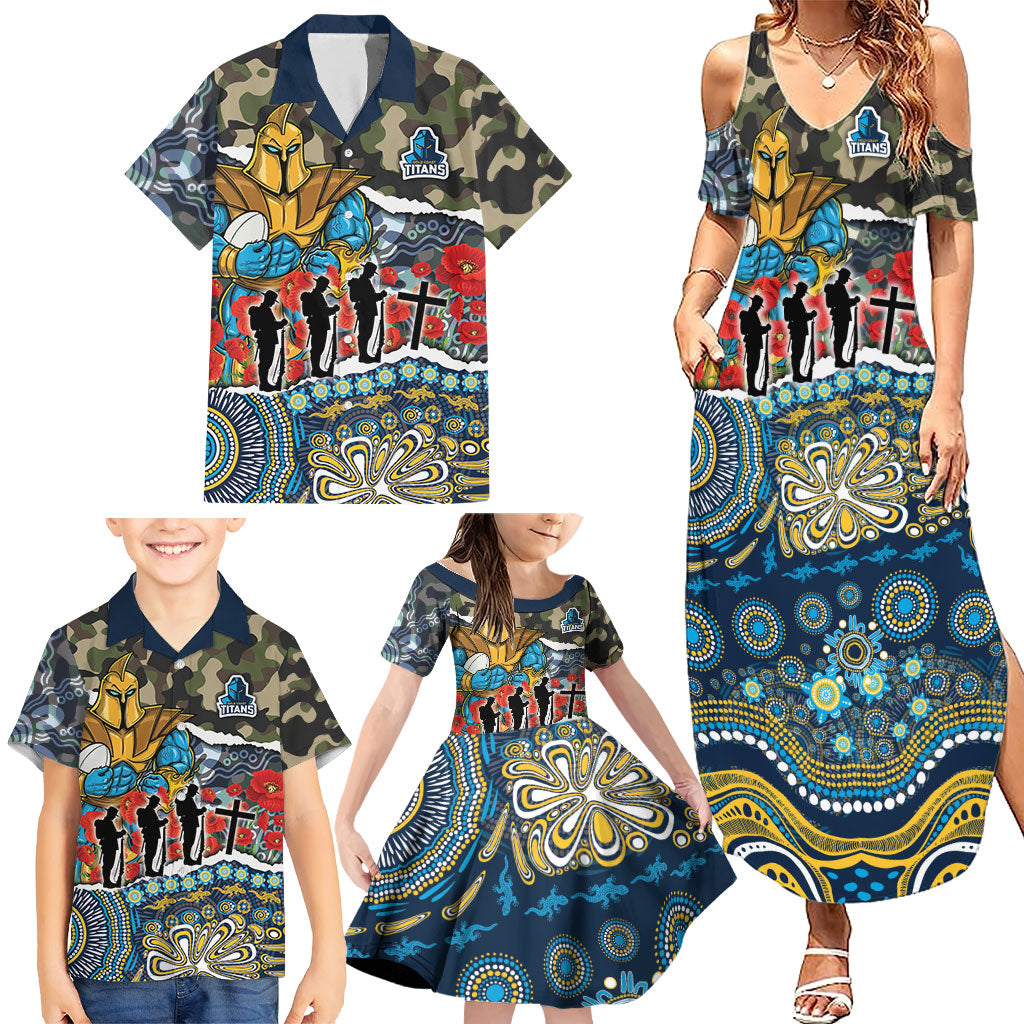Personalized Gold Coast Titans ANZAC Family Matching Summer Maxi Dress and Hawaiian Shirt Indigenous Camouflage Poppy Memorial Soldier Spartan