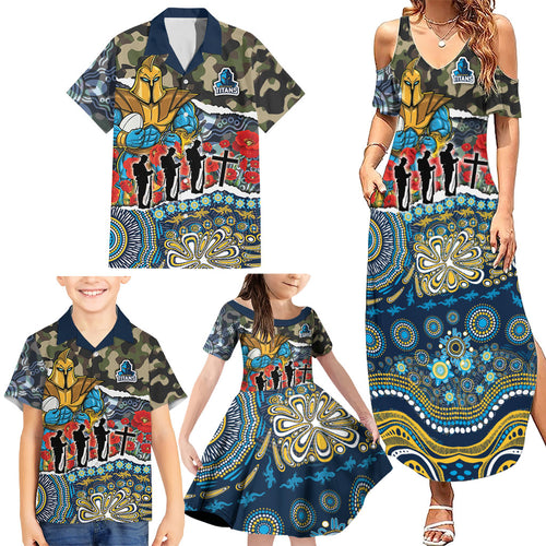 Personalized Gold Coast Titans ANZAC Family Matching Summer Maxi Dress and Hawaiian Shirt Indigenous Camouflage Poppy Memorial Soldier Spartan