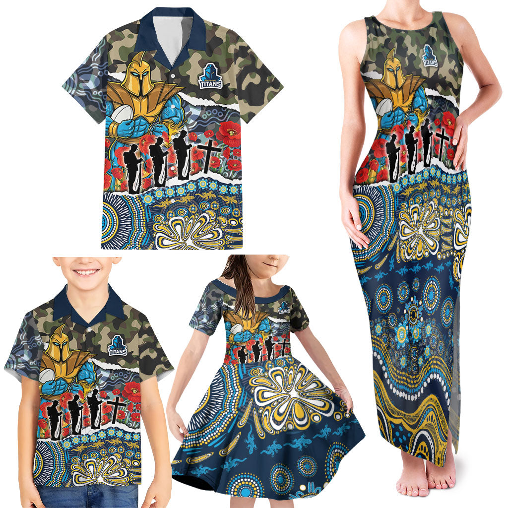 Personalized Gold Coast Titans ANZAC Family Matching Tank Maxi Dress and Hawaiian Shirt Indigenous Camouflage Poppy Memorial Soldier Spartan