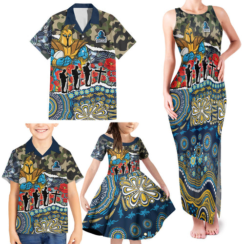 Personalized Gold Coast Titans ANZAC Family Matching Tank Maxi Dress and Hawaiian Shirt Indigenous Camouflage Poppy Memorial Soldier Spartan