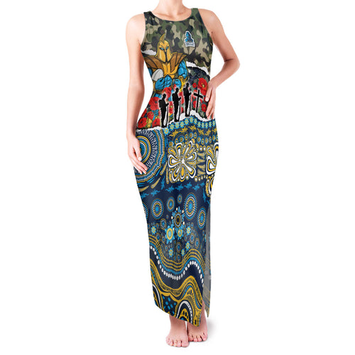 Personalized Gold Coast Titans ANZAC Family Matching Tank Maxi Dress and Hawaiian Shirt Indigenous Camouflage Poppy Memorial Soldier Spartan