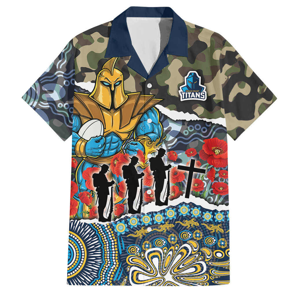 Personalized Gold Coast Titans ANZAC Hawaiian Shirt Indigenous Camouflage Poppy Memorial Soldier Spartan