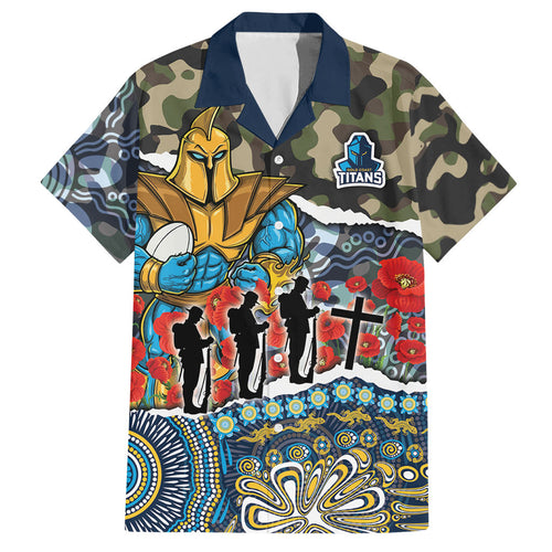 Personalized Gold Coast Titans ANZAC Hawaiian Shirt Indigenous Camouflage Poppy Memorial Soldier Spartan