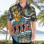 Personalized Gold Coast Titans ANZAC Hawaiian Shirt Indigenous Camouflage Poppy Memorial Soldier Spartan