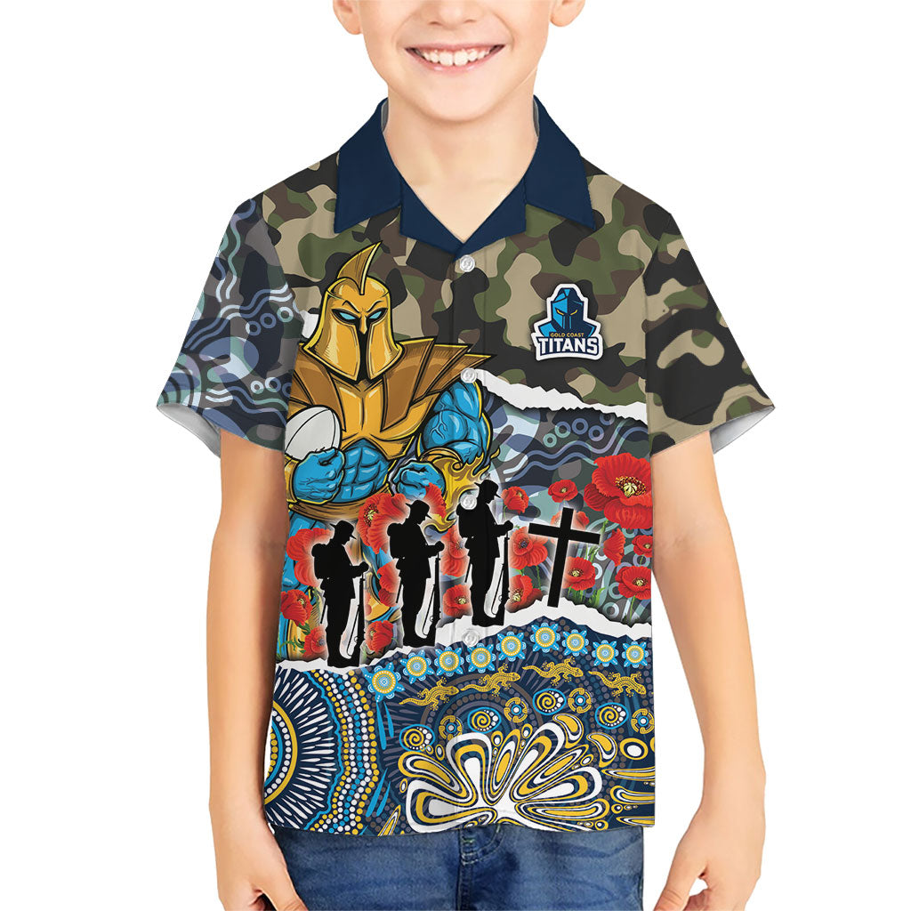 Personalized Gold Coast Titans ANZAC Hawaiian Shirt Indigenous Camouflage Poppy Memorial Soldier Spartan