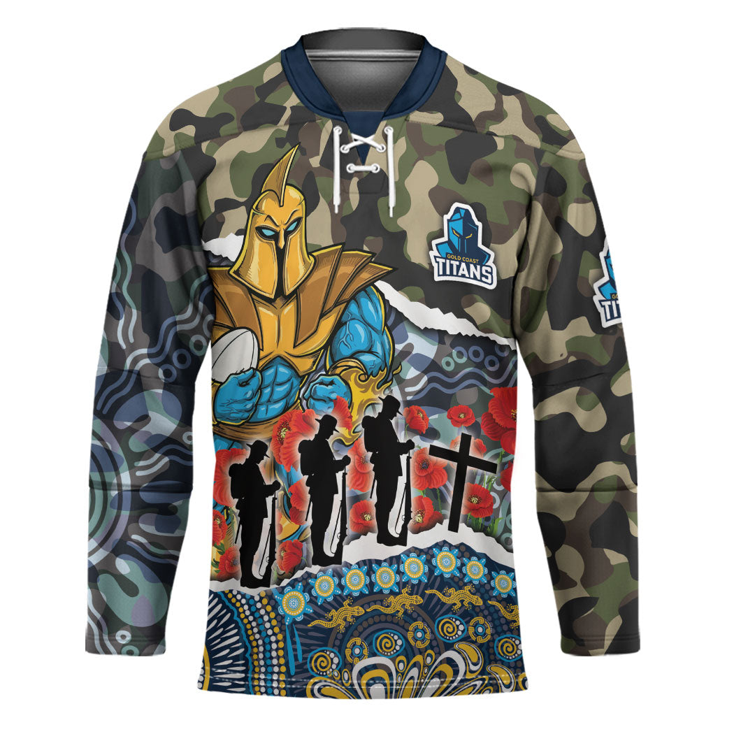 Personalized Gold Coast Titans ANZAC Hockey Jersey Indigenous Camouflage Poppy Memorial Soldier Spartan