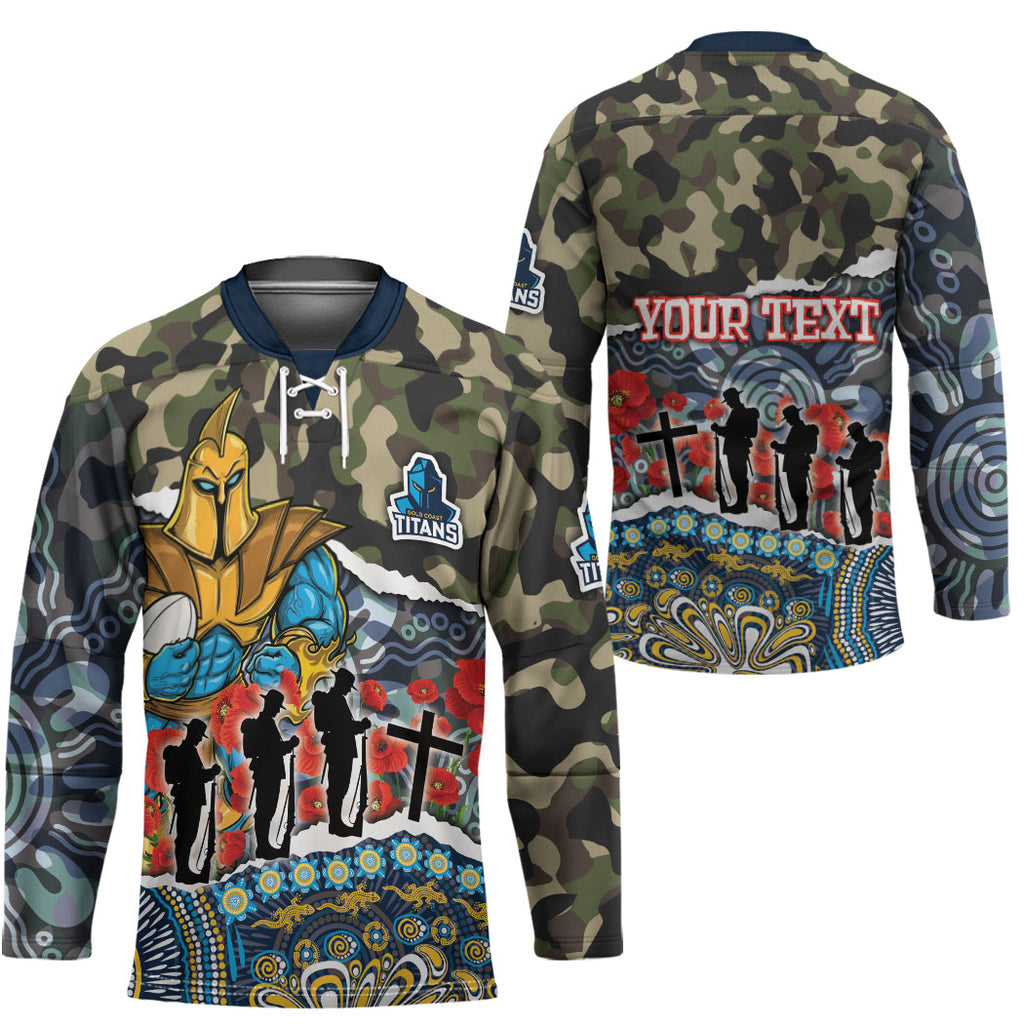 Personalized Gold Coast Titans ANZAC Hockey Jersey Indigenous Camouflage Poppy Memorial Soldier Spartan