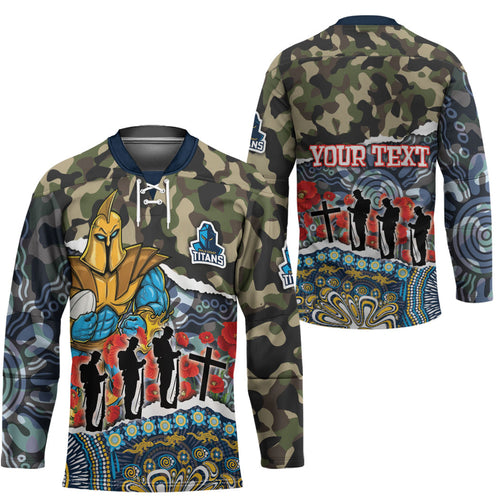 Personalized Gold Coast Titans ANZAC Hockey Jersey Indigenous Camouflage Poppy Memorial Soldier Spartan