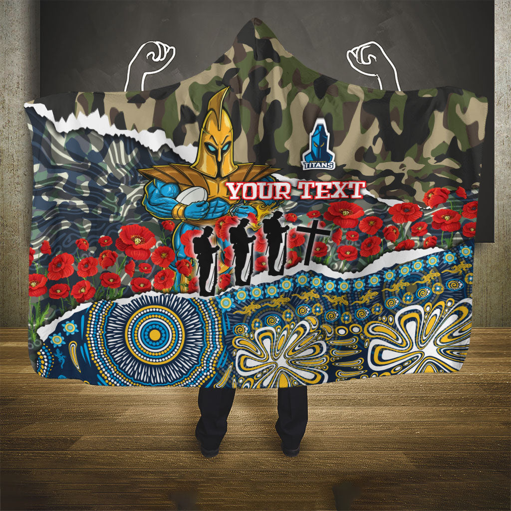 Personalized Gold Coast Titans ANZAC Hooded Blanket Indigenous Camouflage Poppy Memorial Soldier Spartan