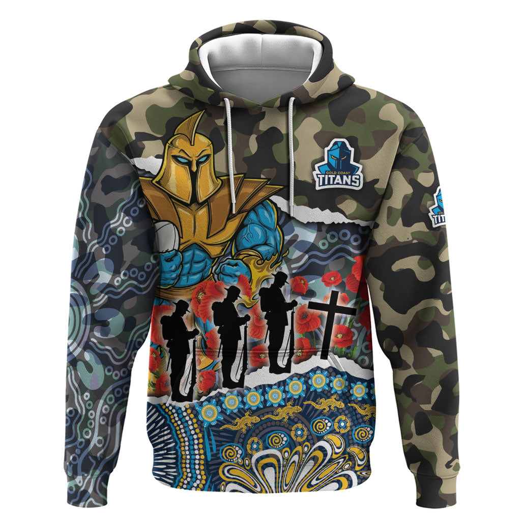 Personalized Gold Coast Titans ANZAC Hoodie Indigenous Camouflage Poppy Memorial Soldier Spartan
