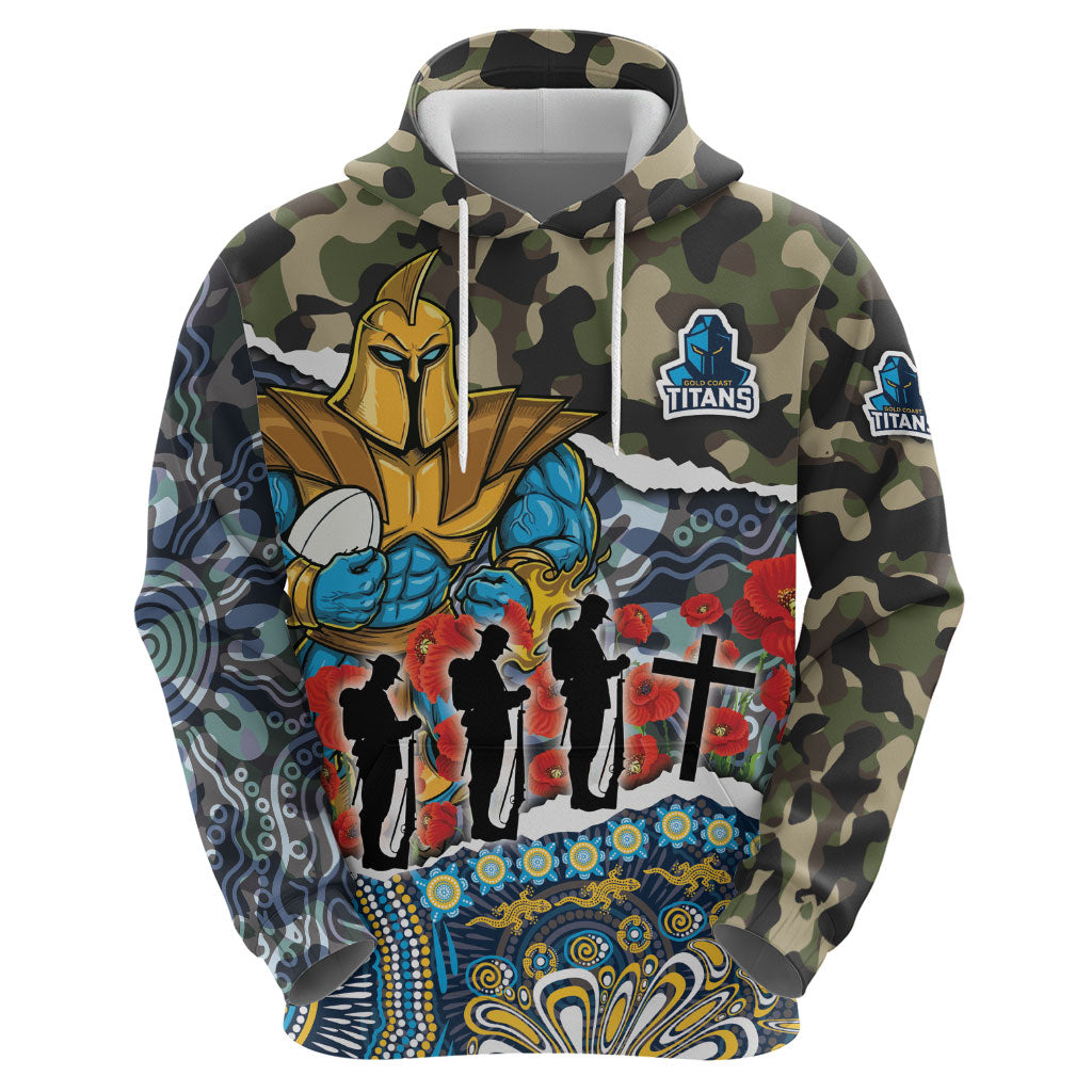 Personalized Gold Coast Titans ANZAC Hoodie Indigenous Camouflage Poppy Memorial Soldier Spartan