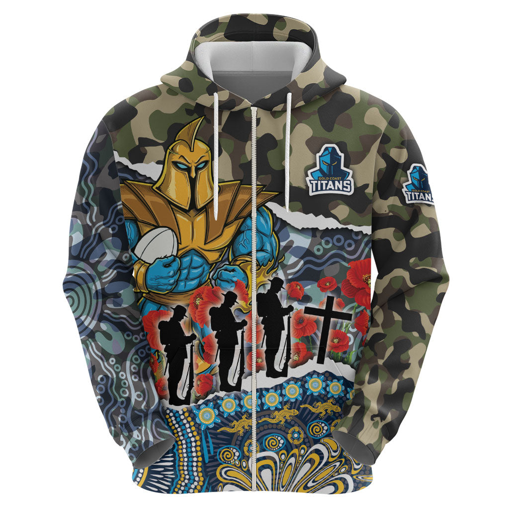 Personalized Gold Coast Titans ANZAC Hoodie Indigenous Camouflage Poppy Memorial Soldier Spartan