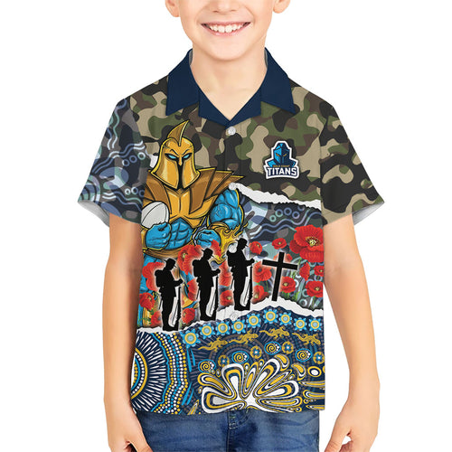 Personalized Gold Coast Titans ANZAC Kid Hawaiian Shirt Indigenous Camouflage Poppy Memorial Soldier Spartan