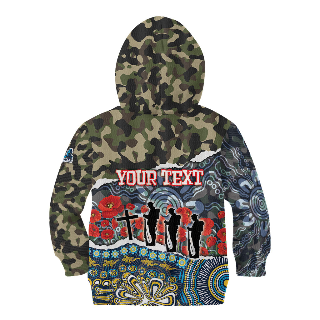 Personalized Gold Coast Titans ANZAC Kid Hoodie Indigenous Camouflage Poppy Memorial Soldier Spartan