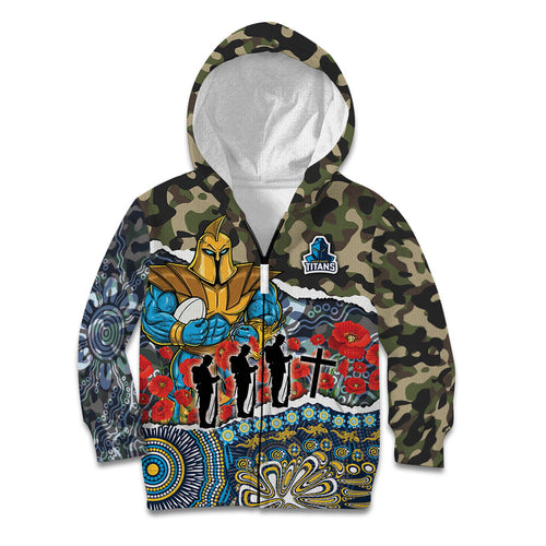 Personalized Gold Coast Titans ANZAC Kid Hoodie Indigenous Camouflage Poppy Memorial Soldier Spartan