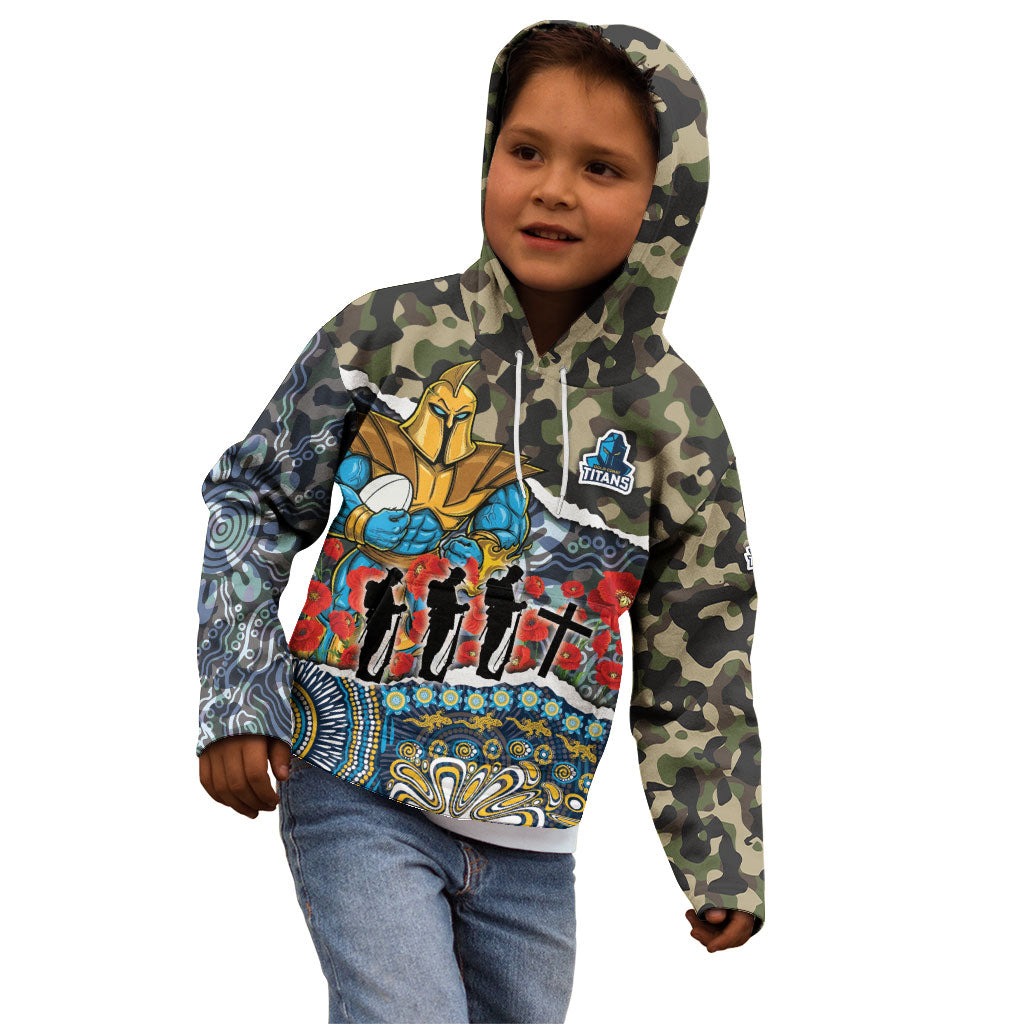 Personalized Gold Coast Titans ANZAC Kid Hoodie Indigenous Camouflage Poppy Memorial Soldier Spartan