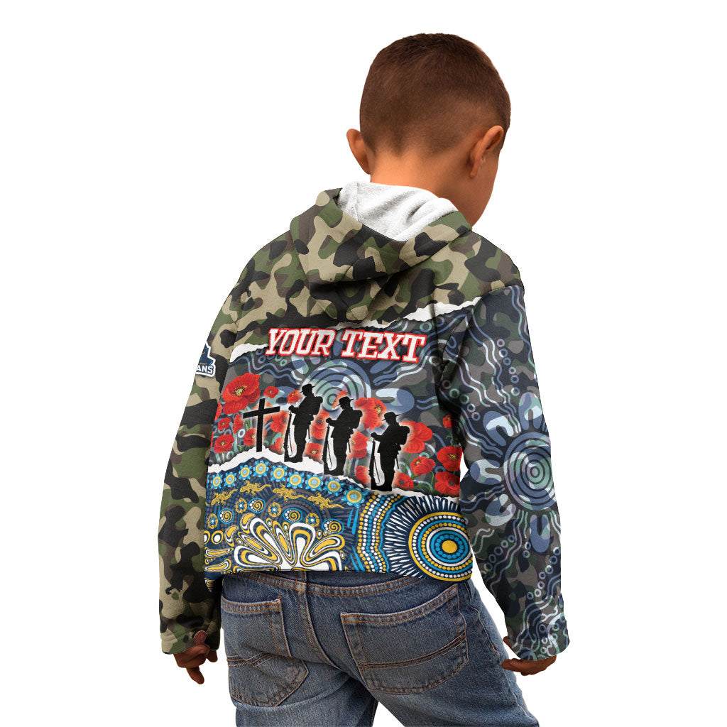 Personalized Gold Coast Titans ANZAC Kid Hoodie Indigenous Camouflage Poppy Memorial Soldier Spartan