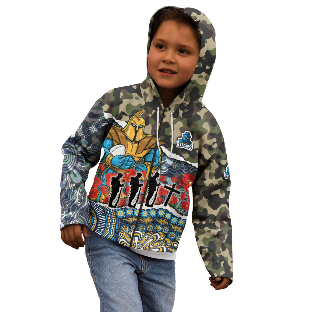Personalized Gold Coast Titans ANZAC Kid Hoodie Indigenous Camouflage Poppy Memorial Soldier Spartan