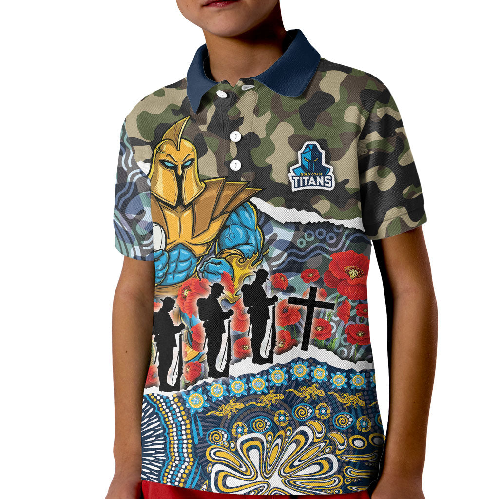 Personalized Gold Coast Titans ANZAC Kid Polo Shirt Indigenous Camouflage Poppy Memorial Soldier Spartan
