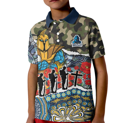 Personalized Gold Coast Titans ANZAC Kid Polo Shirt Indigenous Camouflage Poppy Memorial Soldier Spartan