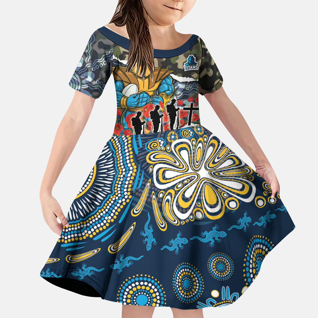 Personalized Gold Coast Titans ANZAC Kid Short Sleeve Dress Indigenous Camouflage Poppy Memorial Soldier Spartan