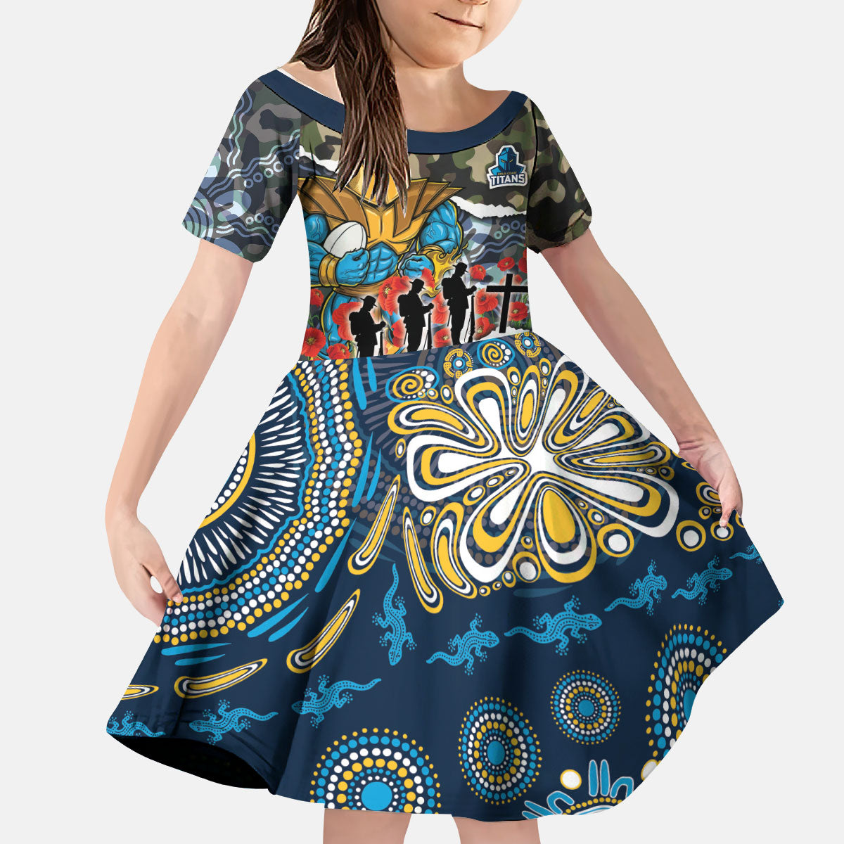 Personalized Gold Coast Titans ANZAC Kid Short Sleeve Dress Indigenous Camouflage Poppy Memorial Soldier Spartan