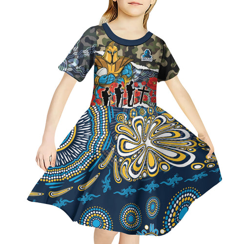 Personalized Gold Coast Titans ANZAC Kid Short Sleeve Dress Indigenous Camouflage Poppy Memorial Soldier Spartan