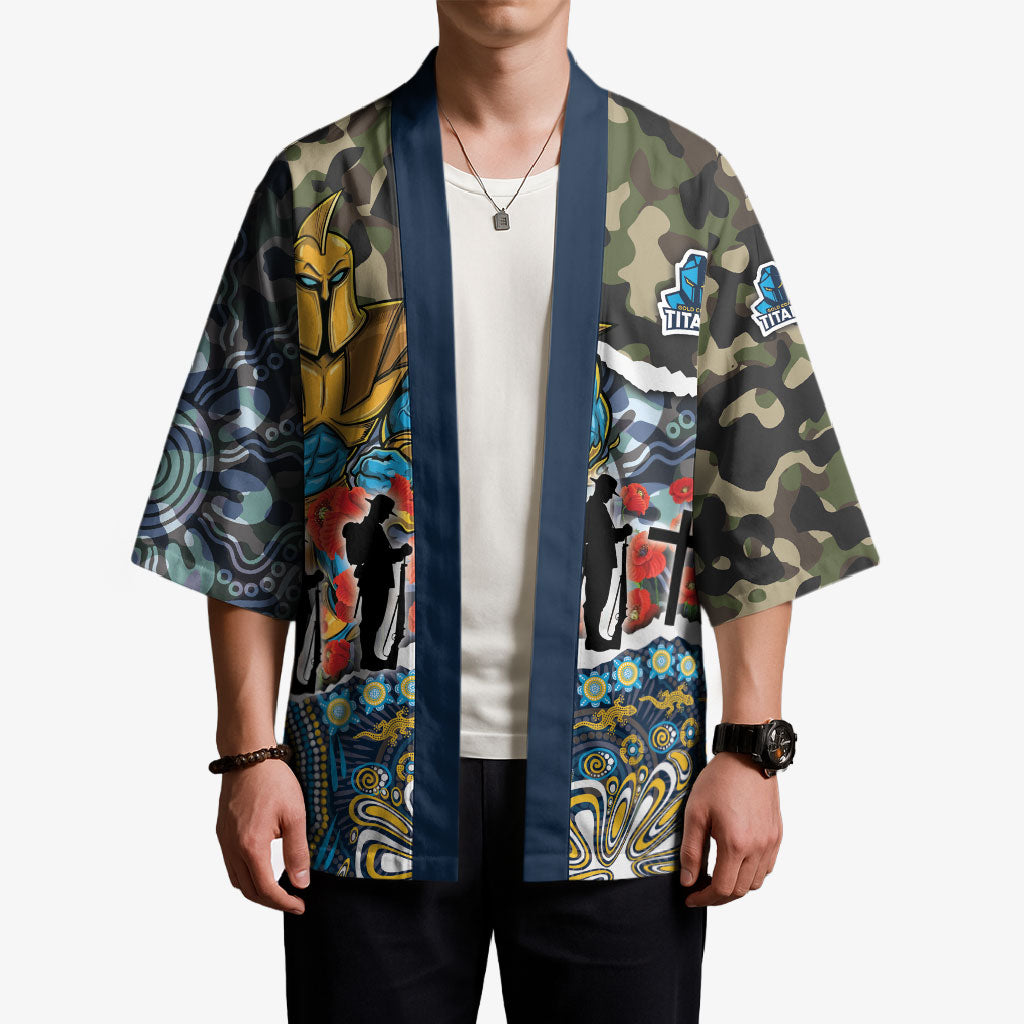 Personalized Gold Coast Titans ANZAC Kimono Indigenous Camouflage Poppy Memorial Soldier Spartan
