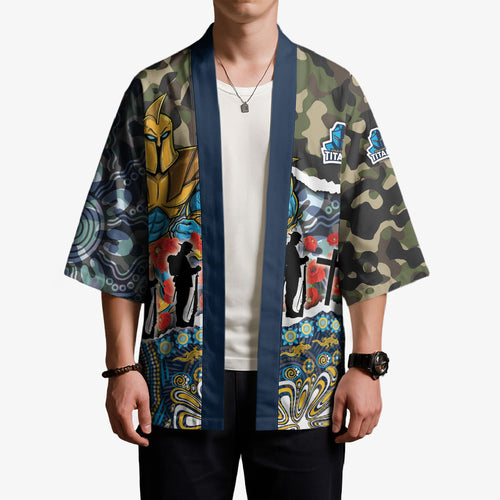 Personalized Gold Coast Titans ANZAC Kimono Indigenous Camouflage Poppy Memorial Soldier Spartan
