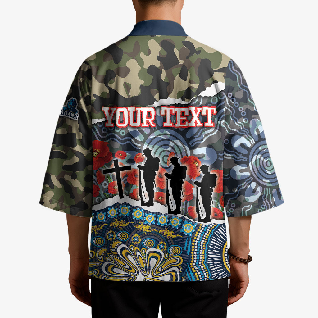 Personalized Gold Coast Titans ANZAC Kimono Indigenous Camouflage Poppy Memorial Soldier Spartan