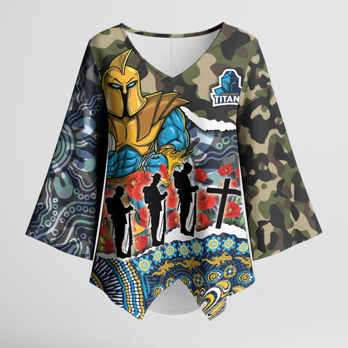 Personalized Gold Coast Titans ANZAC Kimono Sleeve Blouse Indigenous Camouflage Poppy Memorial Soldier Spartan