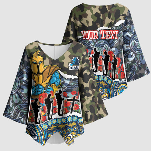 Personalized Gold Coast Titans ANZAC Kimono Sleeve Blouse Indigenous Camouflage Poppy Memorial Soldier Spartan