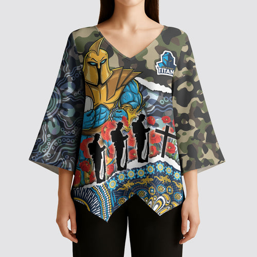 Personalized Gold Coast Titans ANZAC Kimono Sleeve Blouse Indigenous Camouflage Poppy Memorial Soldier Spartan