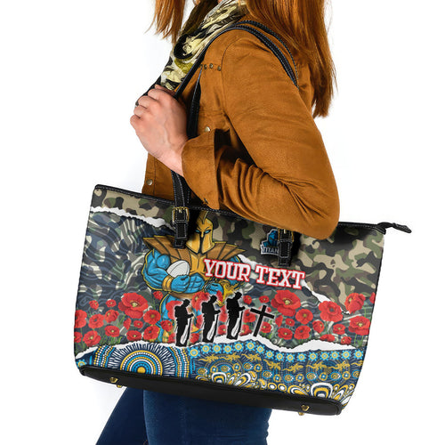 Personalized Gold Coast Titans ANZAC Leather Tote Bag Indigenous Camouflage Poppy Memorial Soldier Spartan