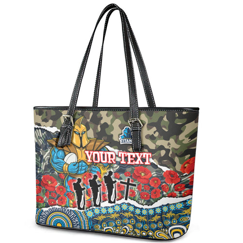 Personalized Gold Coast Titans ANZAC Leather Tote Bag Indigenous Camouflage Poppy Memorial Soldier Spartan