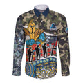 Personalized Gold Coast Titans ANZAC Long Sleeve Button Shirt Indigenous Camouflage Poppy Memorial Soldier Spartan