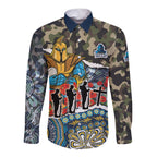 Personalized Gold Coast Titans ANZAC Long Sleeve Button Shirt Indigenous Camouflage Poppy Memorial Soldier Spartan