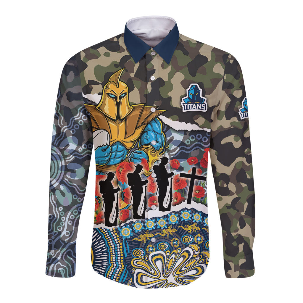 Personalized Gold Coast Titans ANZAC Long Sleeve Button Shirt Indigenous Camouflage Poppy Memorial Soldier Spartan