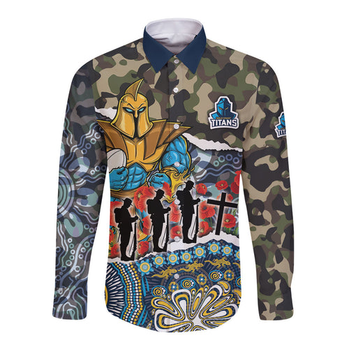 Personalized Gold Coast Titans ANZAC Long Sleeve Button Shirt Indigenous Camouflage Poppy Memorial Soldier Spartan
