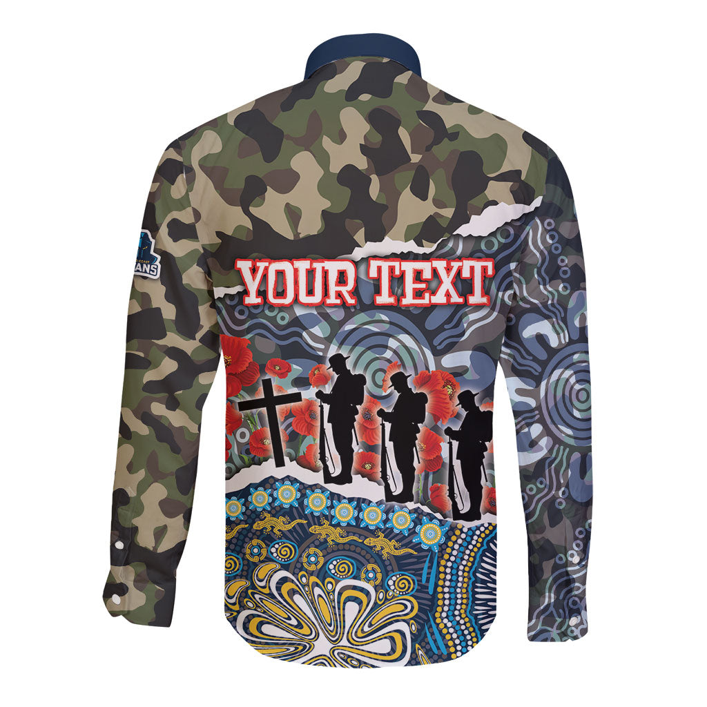 Personalized Gold Coast Titans ANZAC Long Sleeve Button Shirt Indigenous Camouflage Poppy Memorial Soldier Spartan