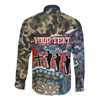 Personalized Gold Coast Titans ANZAC Long Sleeve Button Shirt Indigenous Camouflage Poppy Memorial Soldier Spartan