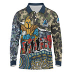 Personalized Gold Coast Titans ANZAC Long Sleeve Polo Shirt Indigenous Camouflage Poppy Memorial Soldier Spartan
