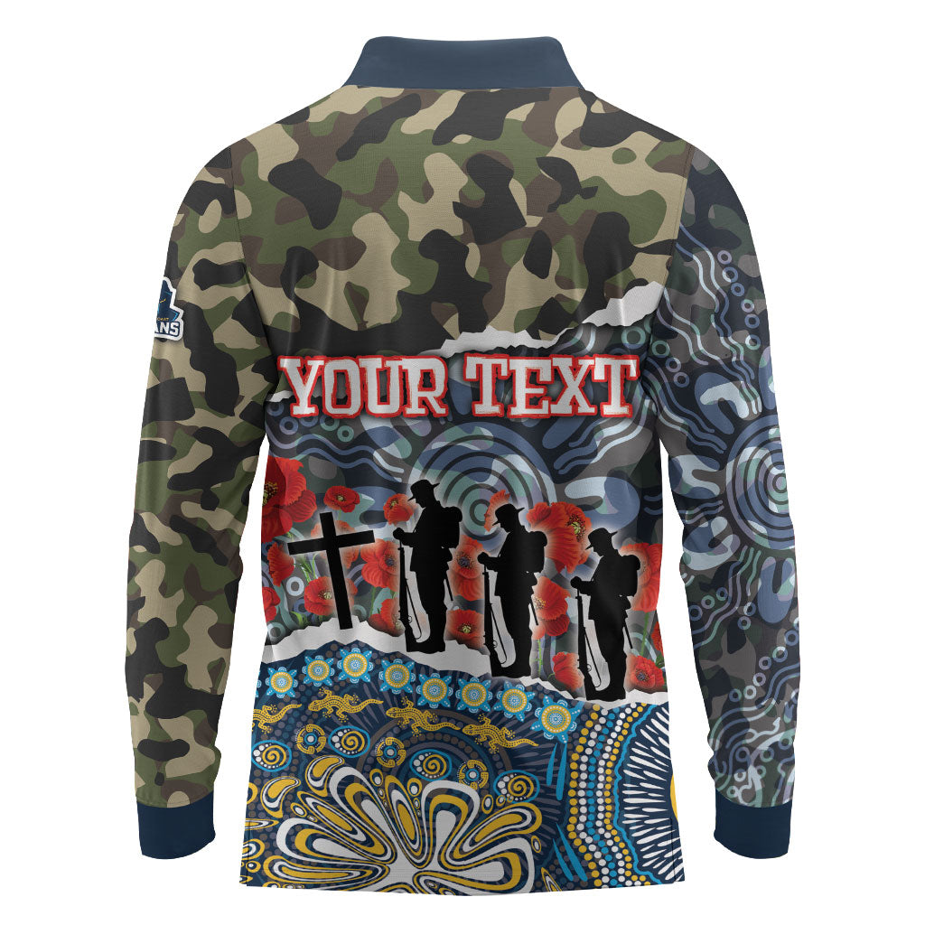 Personalized Gold Coast Titans ANZAC Long Sleeve Polo Shirt Indigenous Camouflage Poppy Memorial Soldier Spartan