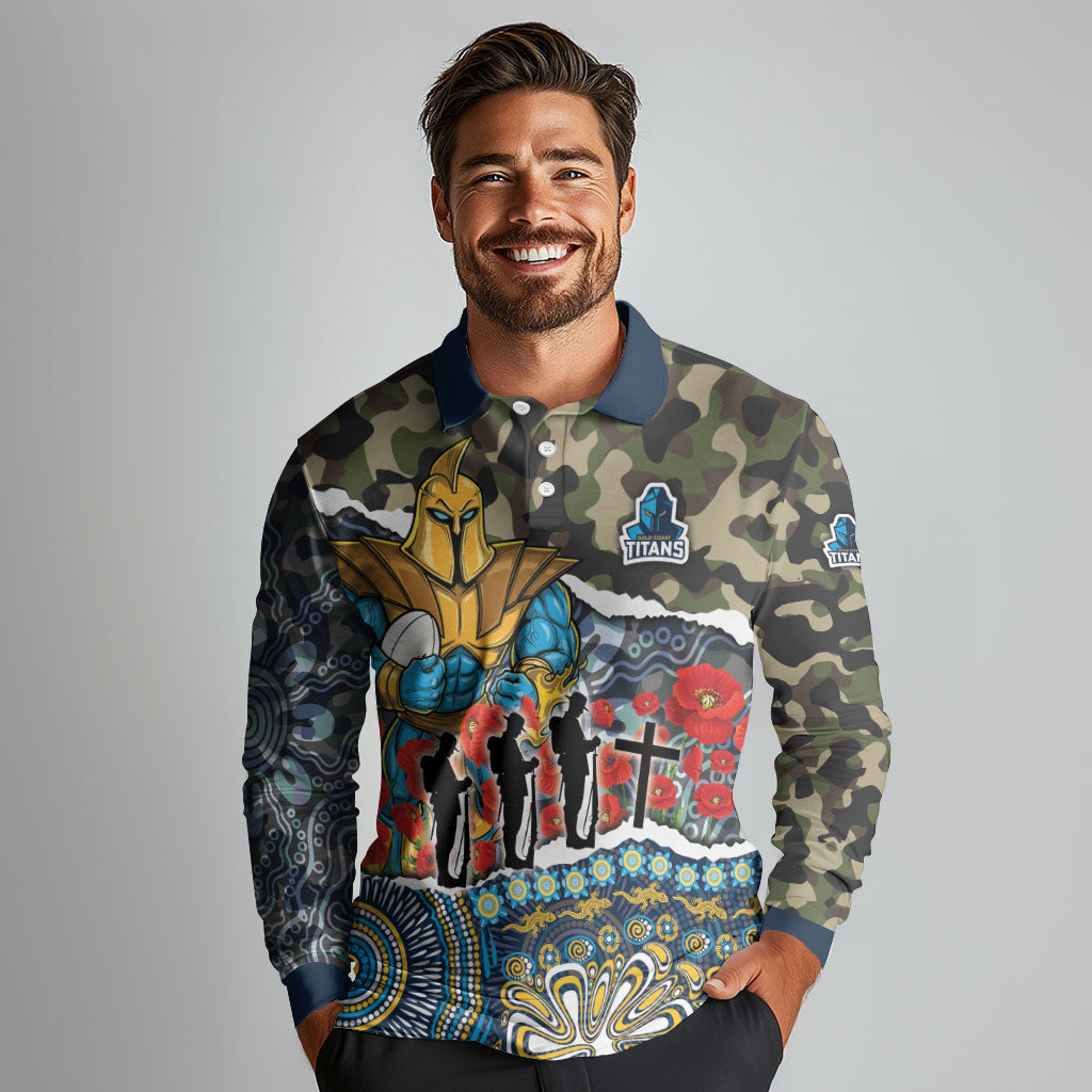 Personalized Gold Coast Titans ANZAC Long Sleeve Polo Shirt Indigenous Camouflage Poppy Memorial Soldier Spartan