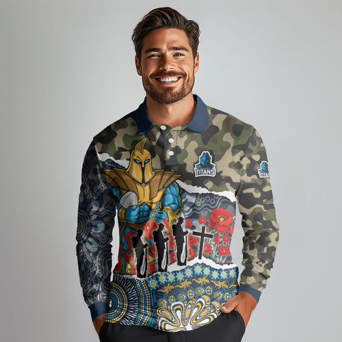Personalized Gold Coast Titans ANZAC Long Sleeve Polo Shirt Indigenous Camouflage Poppy Memorial Soldier Spartan