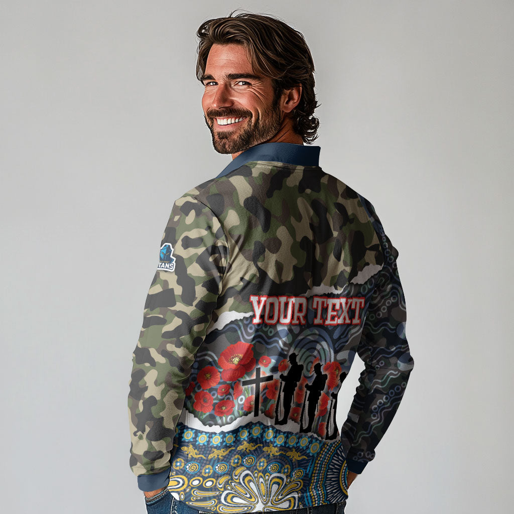 Personalized Gold Coast Titans ANZAC Long Sleeve Polo Shirt Indigenous Camouflage Poppy Memorial Soldier Spartan