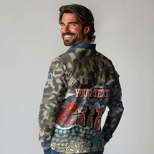 Personalized Gold Coast Titans ANZAC Long Sleeve Polo Shirt Indigenous Camouflage Poppy Memorial Soldier Spartan