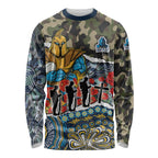 Personalized Gold Coast Titans ANZAC Long Sleeve Shirt Indigenous Camouflage Poppy Memorial Soldier Spartan