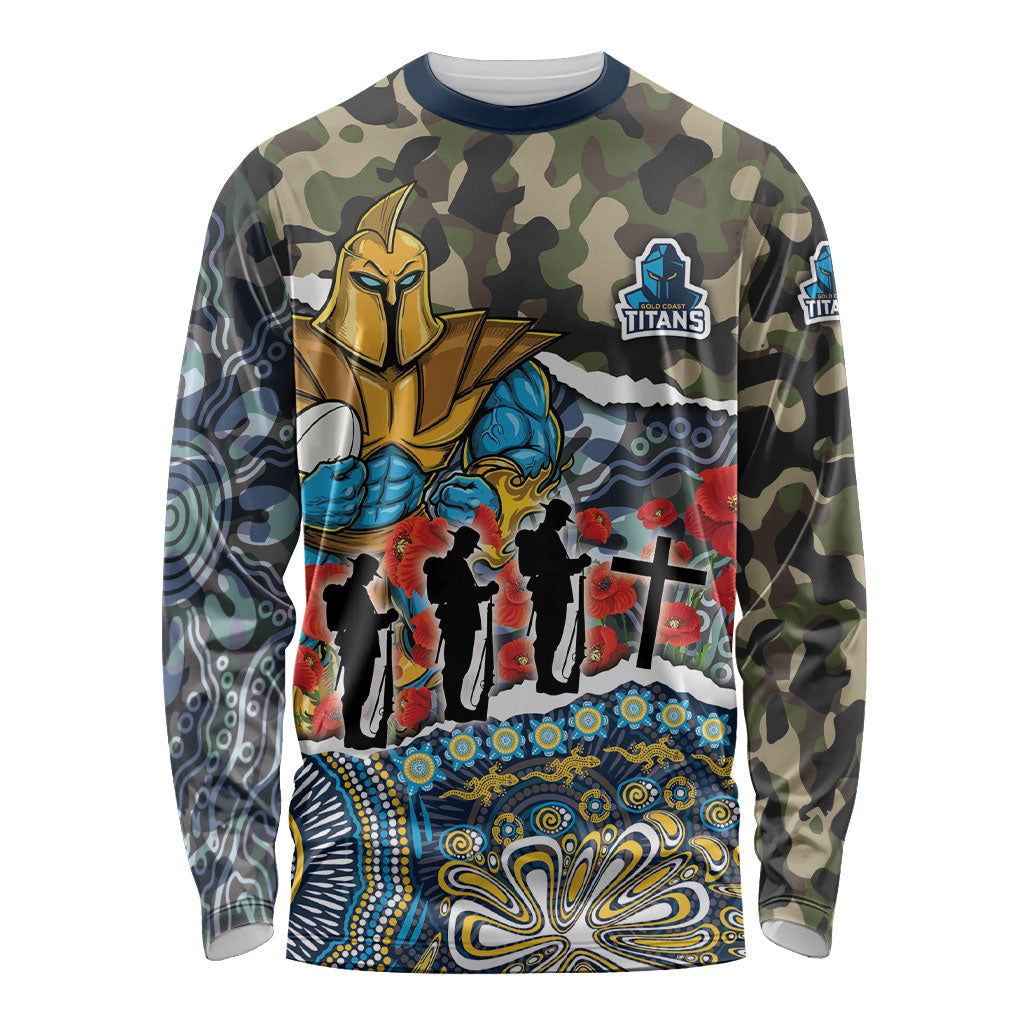 Personalized Gold Coast Titans ANZAC Long Sleeve Shirt Indigenous Camouflage Poppy Memorial Soldier Spartan